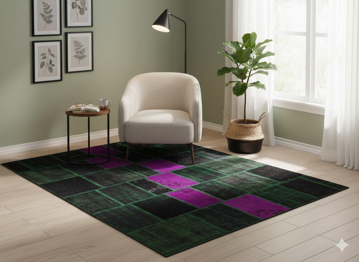Handmade Wool Patchwork Rug: Green Bohemian Area Rug (6.6x9.4 ft)