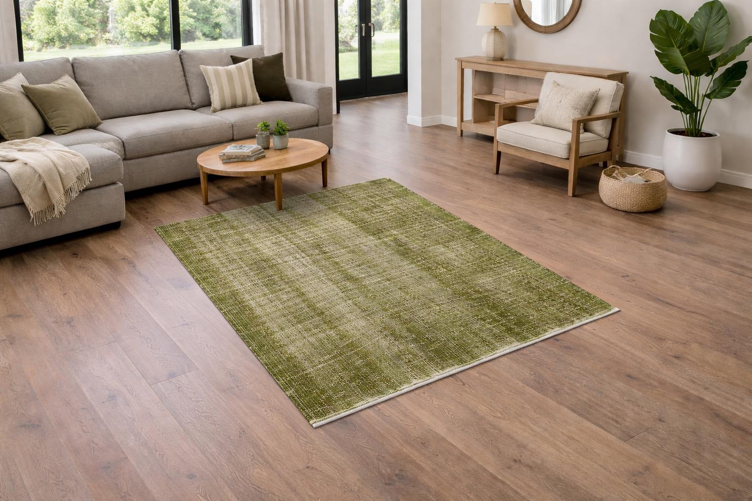 Vintage Green Wool Rug: Handmade Turkish Area Rug (3'x5'7")