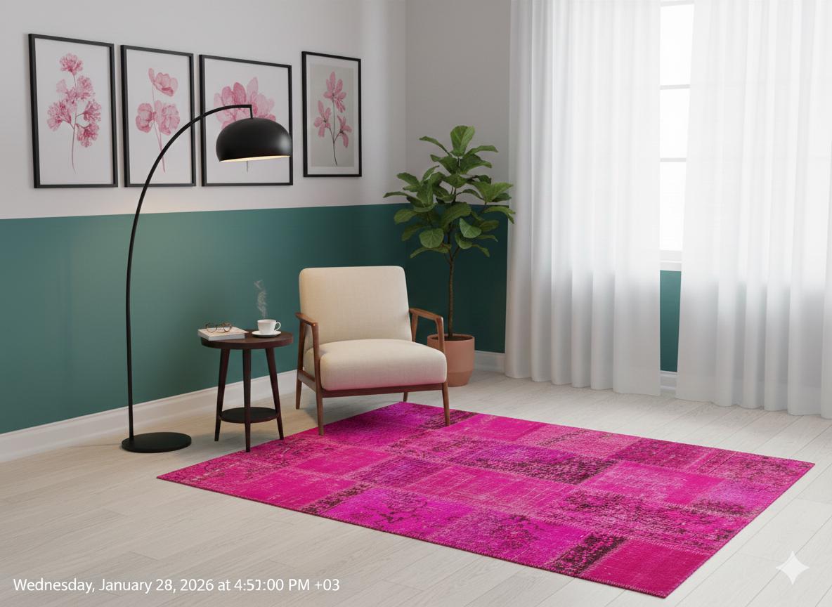 Handmade Pink Patchwork Rug: Bohemian Wool Area Rug (5'x8' ft)