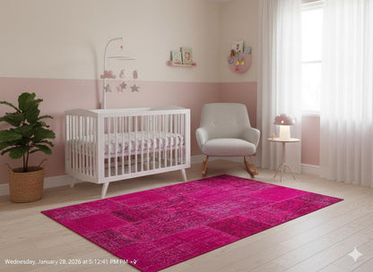 Handmade Pink Patchwork Rug: Bohemian Wool Area Rug (5'x8' ft)