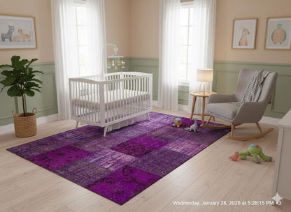 Handmade Purple Patchwork Rug: Bohemian Wool Area Rug (5'x8' ft)