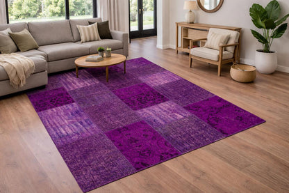 Handmade Purple Patchwork Rug: Bohemian Wool Area Rug (5'x8' ft)