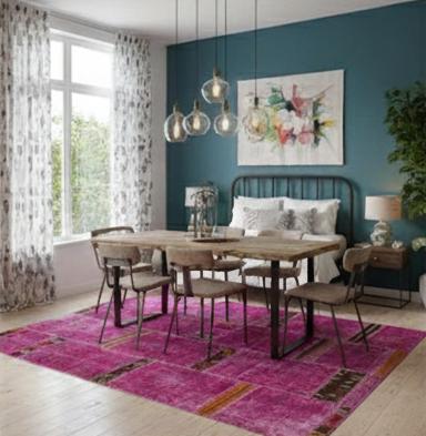Handmade Pink Patchwork Rug: Bohemian Wool Anatolian Carpet (5.2x7.5 ft)