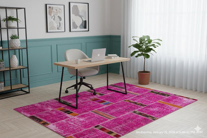 Handmade Pink Patchwork Rug: Bohemian Wool Anatolian Carpet (5.2x7.5 ft)