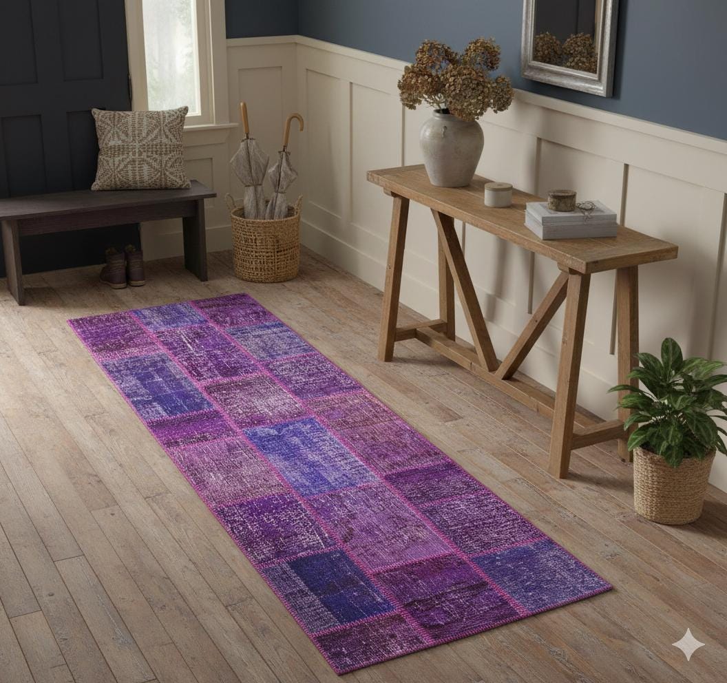 Handmade Purple Patchwork Runner Rug: Bohemian Wool Carpet (2.6x9.8 ft)