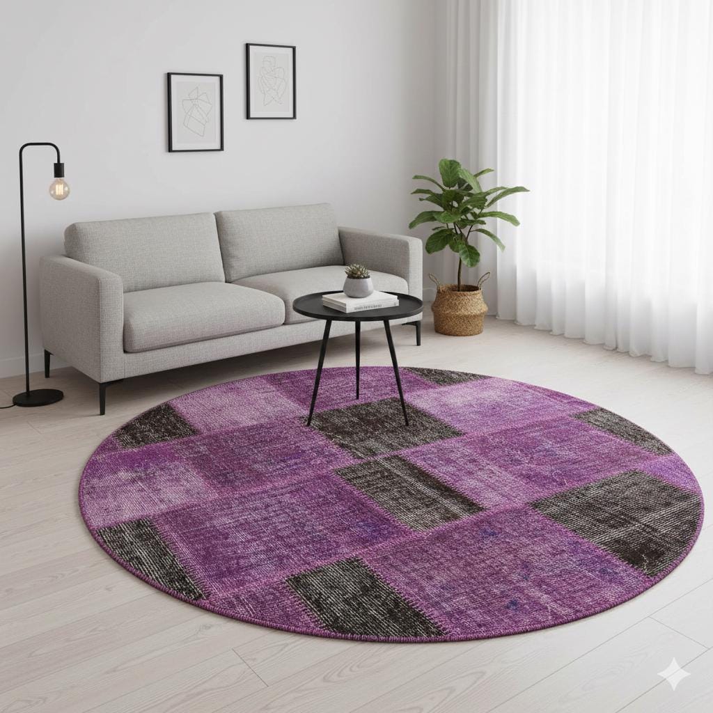 Handmade Purple Patchwork Rug: 5'x5' Bohemian Wool Circle Rug