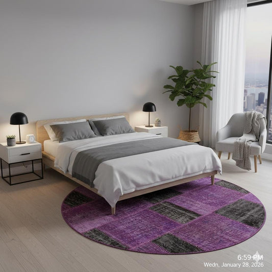 Handmade Purple Patchwork Rug: 5'x5' Bohemian Wool Circle Rug