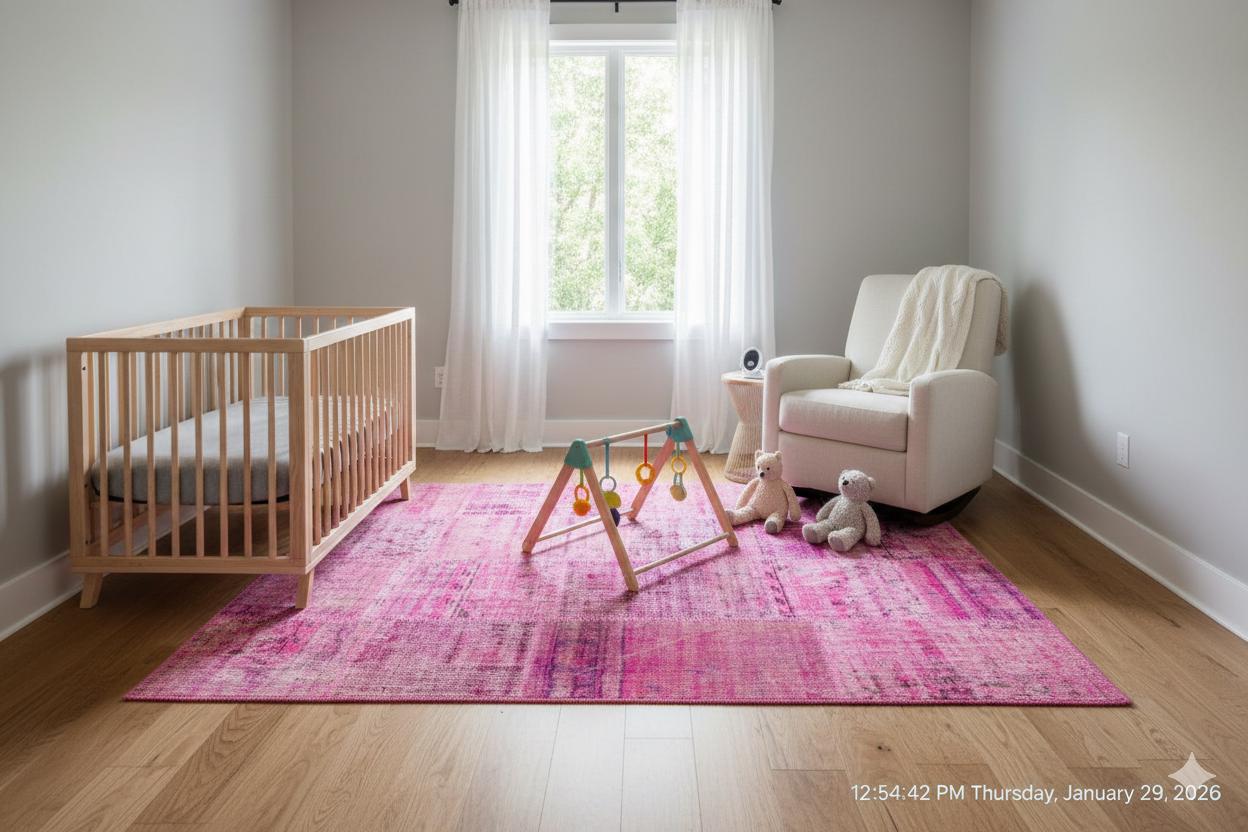 Handmade Pink Patchwork Rug: Modern Bohemian Wool Area Rug (5.2x7.5 ft)