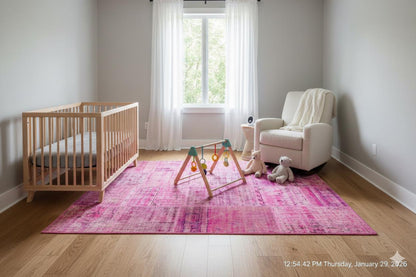 Handmade Pink Patchwork Rug: Modern Bohemian Wool Area Rug (5.2x7.5 ft)