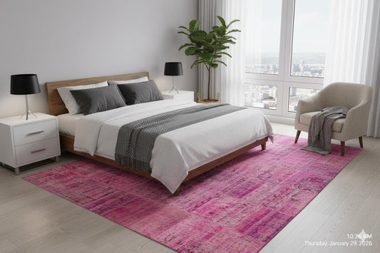 Handmade Pink Patchwork Rug: Modern Bohemian Wool Area Rug (5.2x7.5 ft)