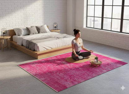 Handmade Pink Wool Rug: Vintage carpet (3'6''x4'11''ft)
