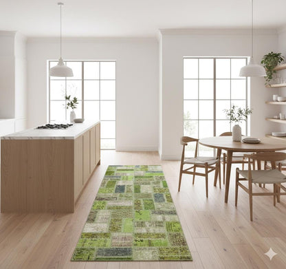 Handmade Green Patchwork Wool Runner Rug - 3.1x9.7 ft