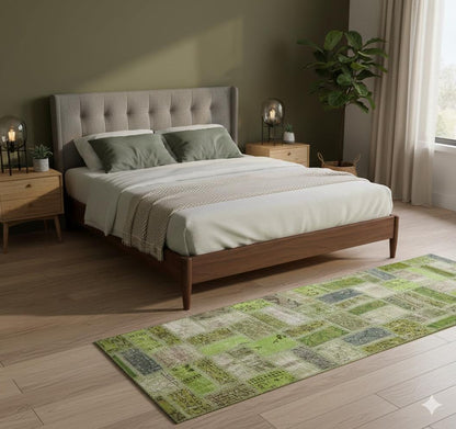 Handmade Green Patchwork Wool Runner Rug - 3.1x9.7 ft