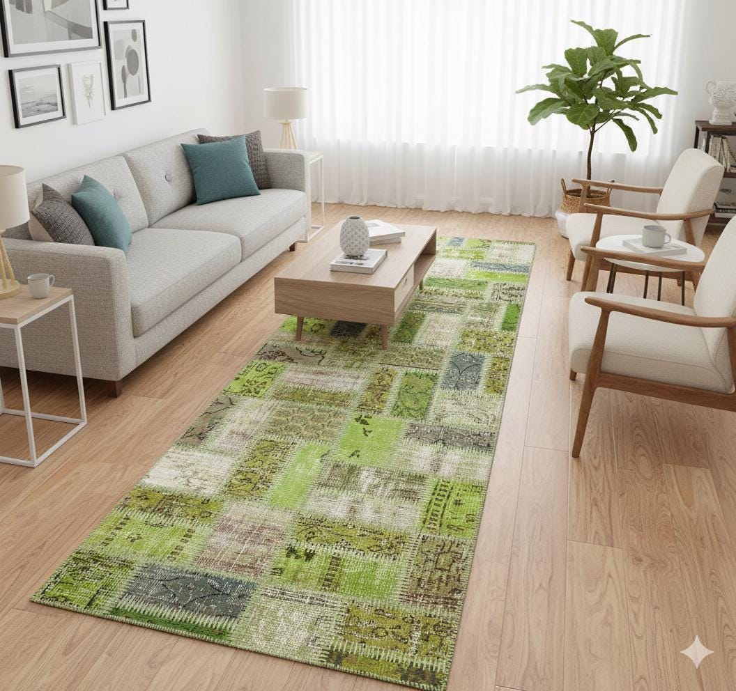 Handmade Green Patchwork Wool Runner Rug - 3.1x9.7 ft