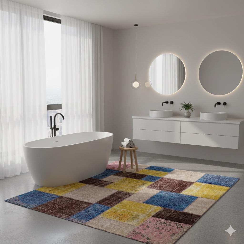 Handmade Wool Patchwork Rug: 7.5x7.5 ft Square Anatolian Rug