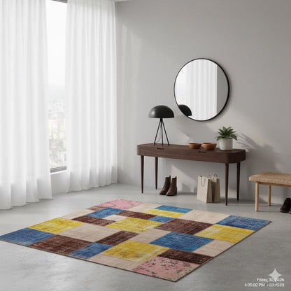 Handmade Wool Patchwork Rug: 7.5x7.5 ft Square Anatolian Rug