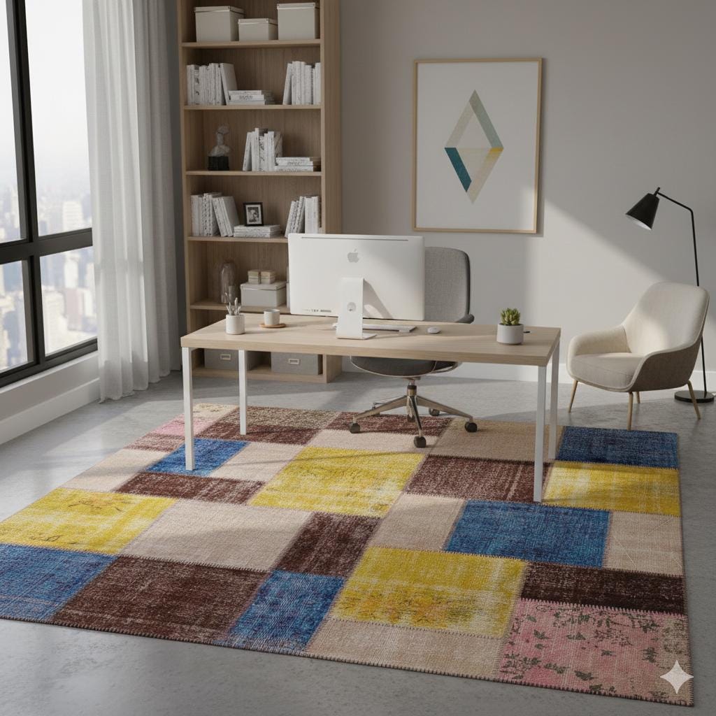 Handmade Wool Patchwork Rug: 7.5x7.5 ft Square Anatolian Rug