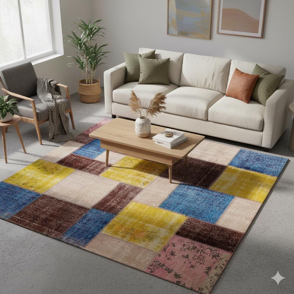 Handmade Wool Patchwork Rug: 7.5x7.5 ft Square Anatolian Rug