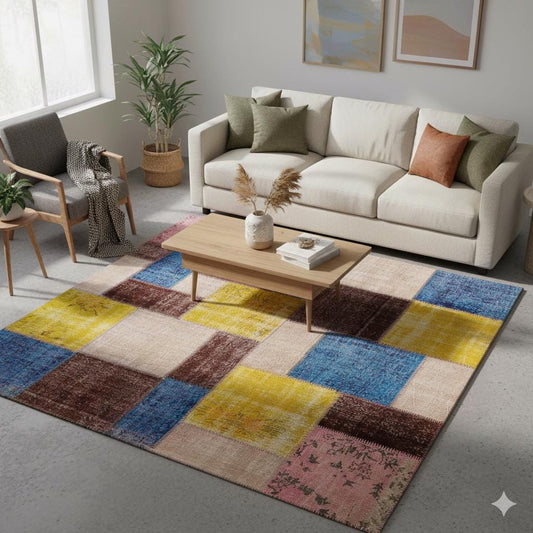 Handmade Wool Patchwork Rug: 7.5x7.5 ft Square Anatolian Rug