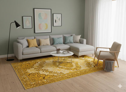 Vintage Yellow Anatolian Wool Rug: 5.8x10 ft, Bohemian Persian Design