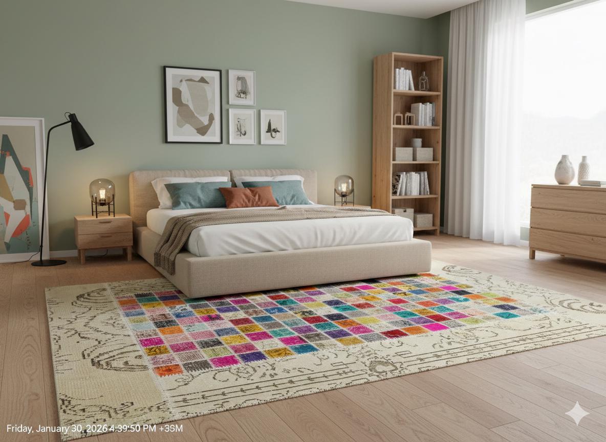 Handmade Patchwork Wool Turkish Rug - 5'x8' Bohemian Area Rug