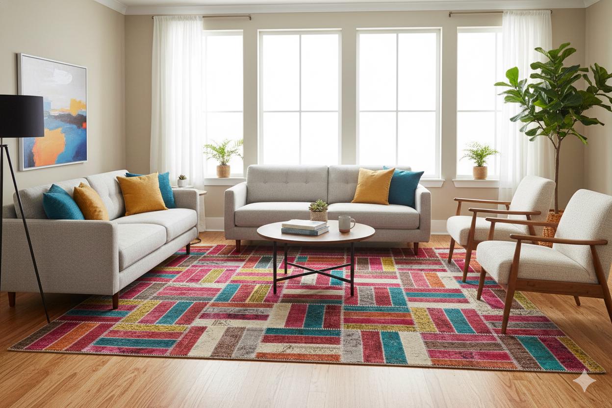 Handmade Patchwork Wool Turkish Rug - 6'x10' Bohemian Area Rug