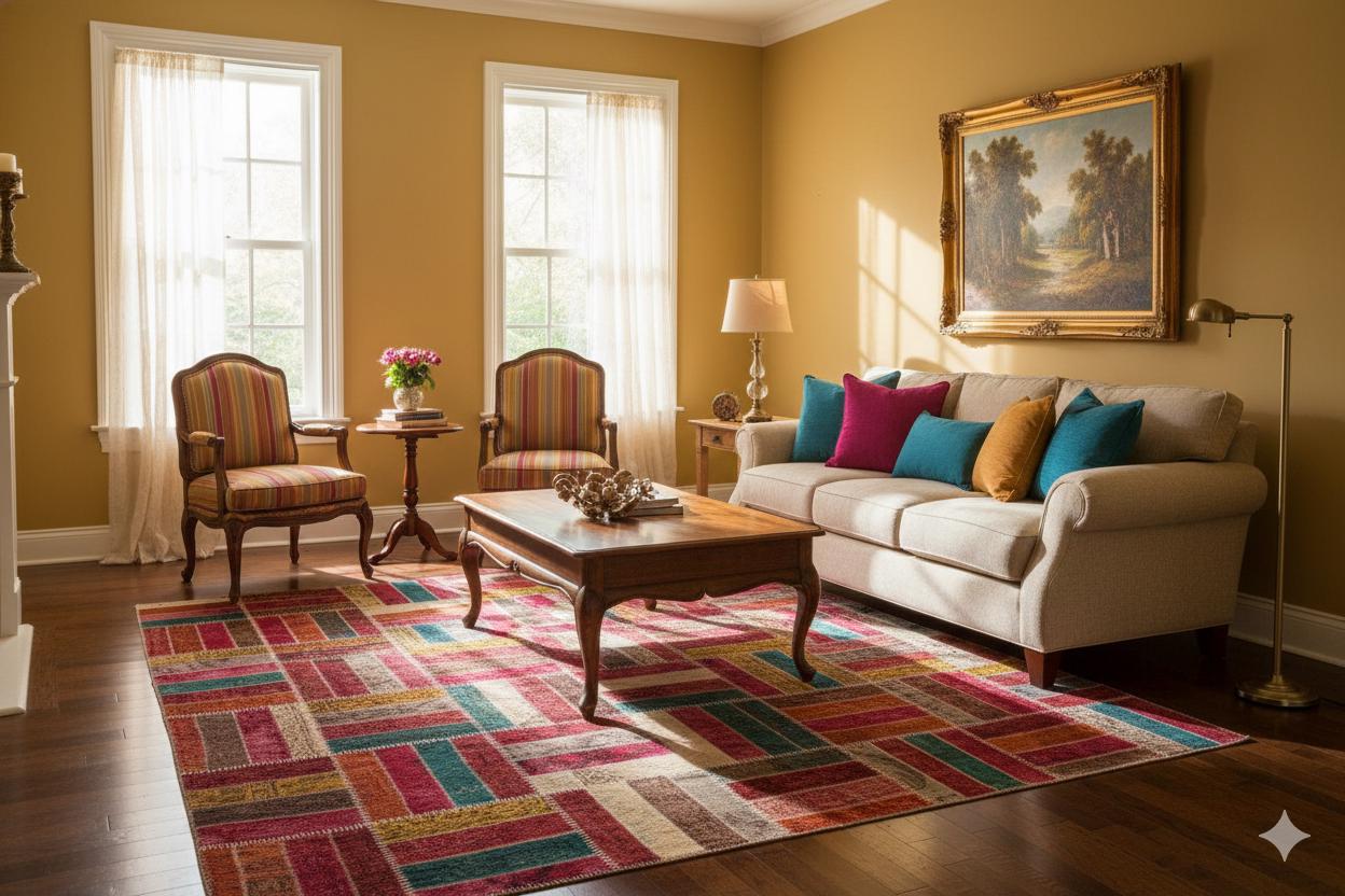 Handmade Patchwork Wool Turkish Rug - 6'x10' Bohemian Area Rug