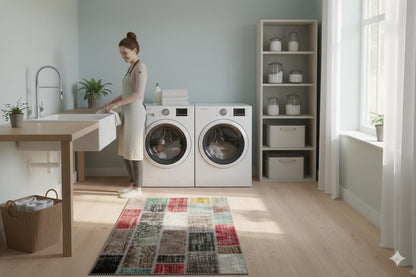 Handmade Wool Patchwork Rug: Bohemian Turkish Area Rug (5.6x7.7 ft)