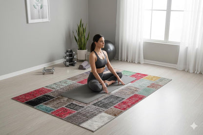 Handmade Wool Patchwork Rug: Bohemian Turkish Area Rug (5.6x7.7 ft)