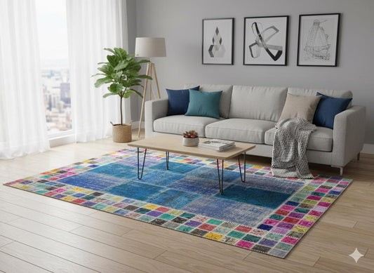 Handmade Patchwork Turkish Rug: 5'x8' Bohemian Wool Area Rug