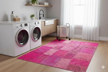 Handmade Pink Patchwork Rug: Bohemian Wool Area Rug (6.6x9.8 ft)