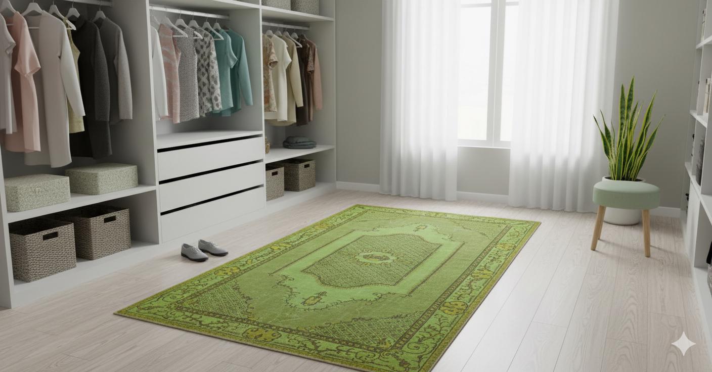 Vintage Green Wool Rug: Handmade Nursery Carpet (5'6"x10'ft)