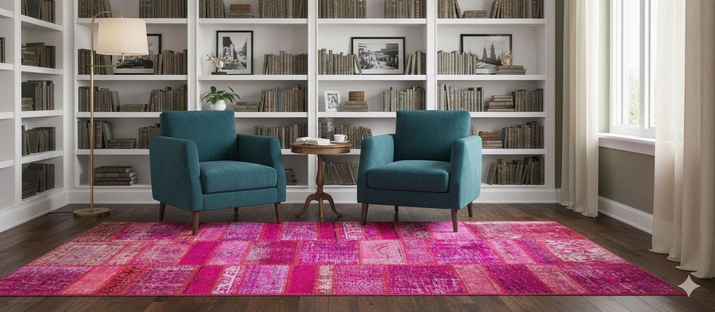 Handmade Pink Patchwork Runner Rug: Bohemian Wool Turkish Rug (3.5x7.9 ft)