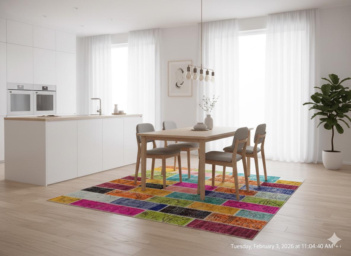 Handmade Patchwork Turkish Rug: Bohemian Wool Area Rug (5'x8' ft)