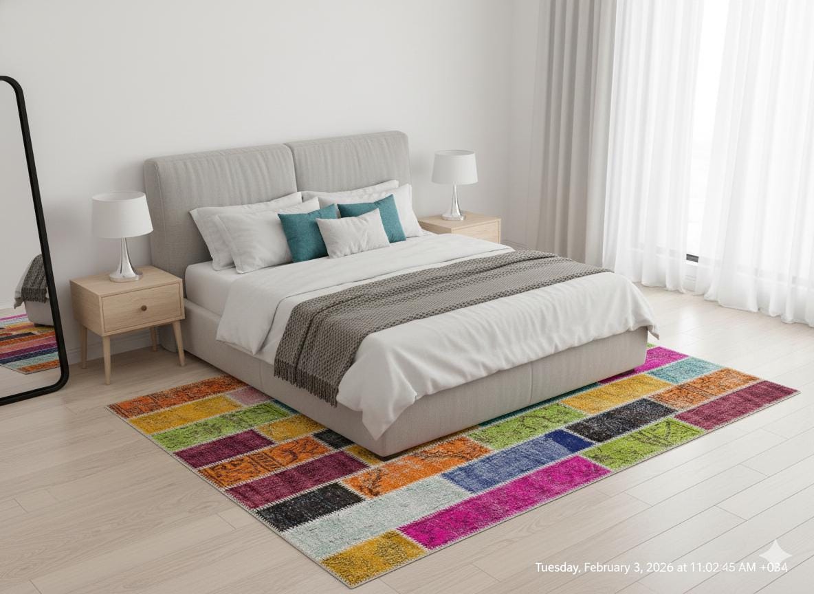 Handmade Patchwork Turkish Rug: Bohemian Wool Area Rug (5'x8' ft)