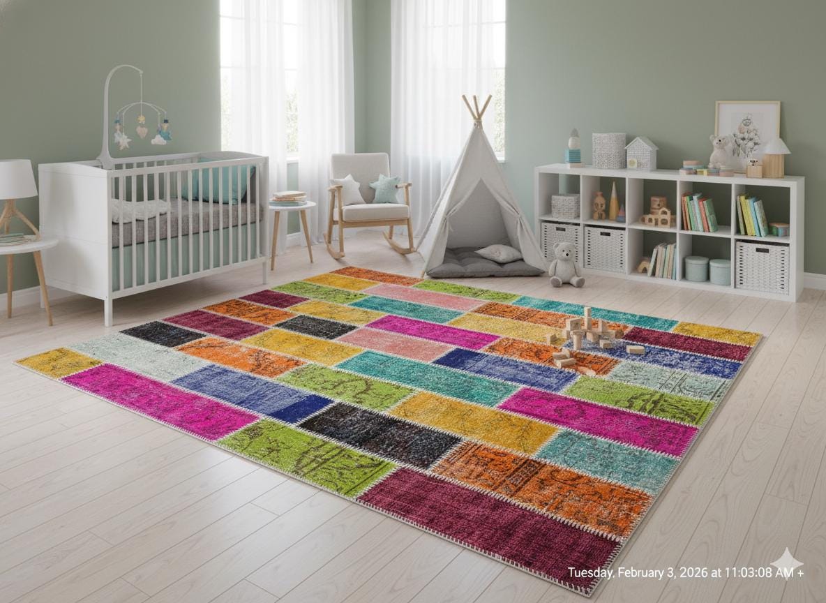 Handmade Patchwork Turkish Rug: Bohemian Wool Area Rug (5'x8' ft)