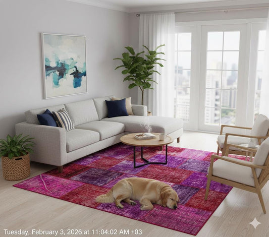 Handmade Purple Patchwork Wool Rug - Bohemian Turkish Rug (6'8''x7'7'')
