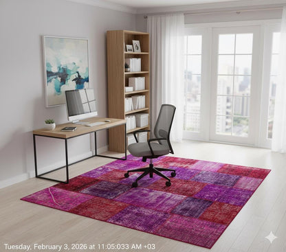 Handmade Purple Patchwork Wool Rug - Bohemian Turkish Rug (6'8''x7'7'')