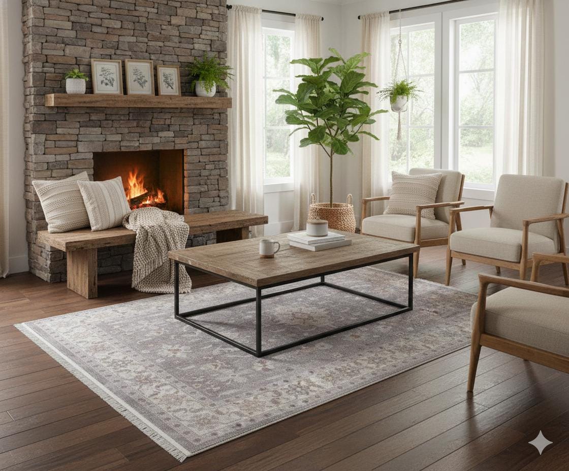Gray Turkish Style Rug: Floral Medallion, Ivory Border