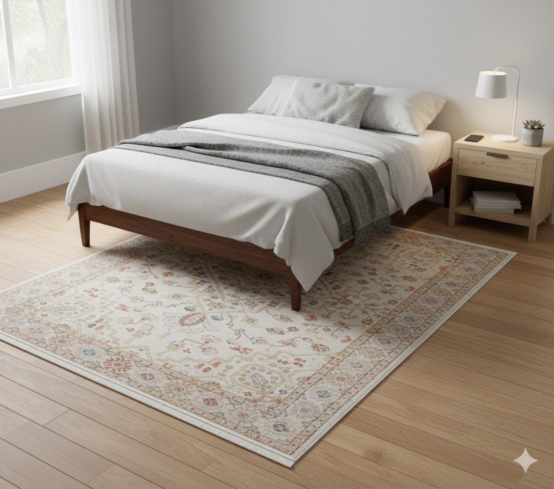 Muted Pink Turkish Style Rug – Geometric Medallion, Vintage Wash