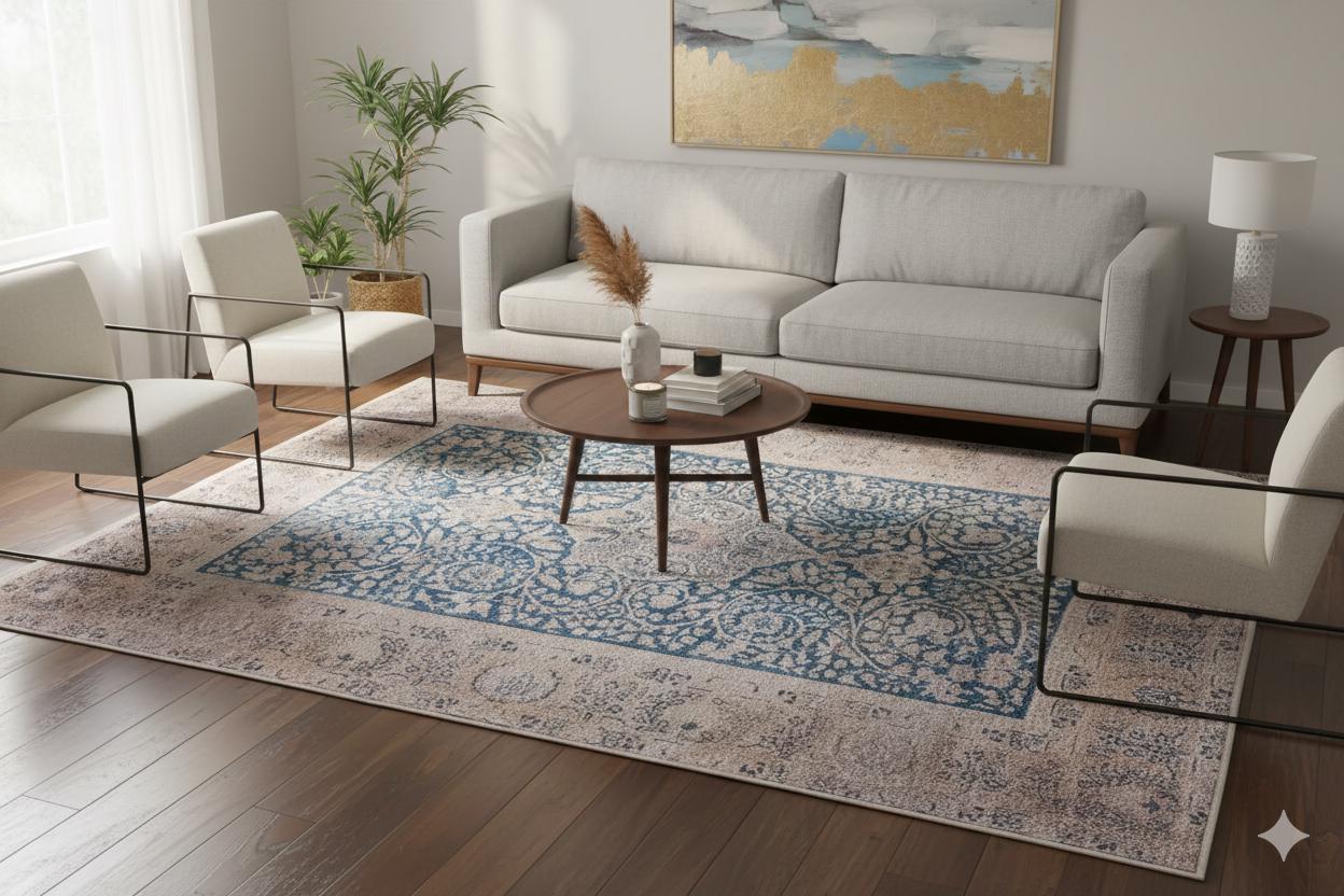 Blue Vintage Rug: Classic Washable Rug with Tassels