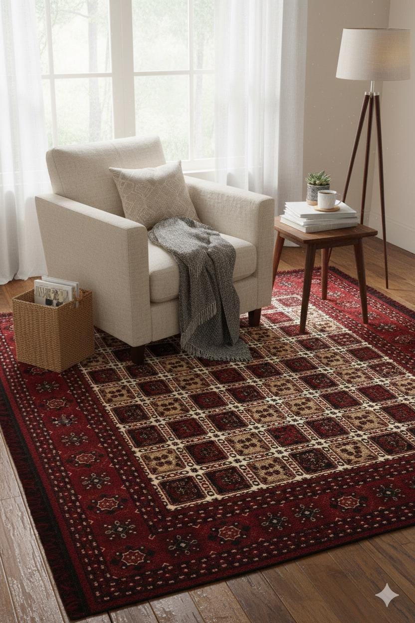Red Oriental Afghan Rug: Washable Farmhouse Bohemian carpet