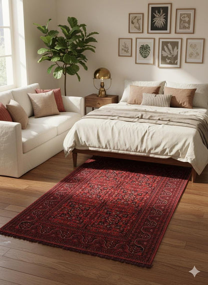 Red Afghan Rug: Traditional Bukhara Oriental Chenille Rug (3.9 x 5.9 FT)