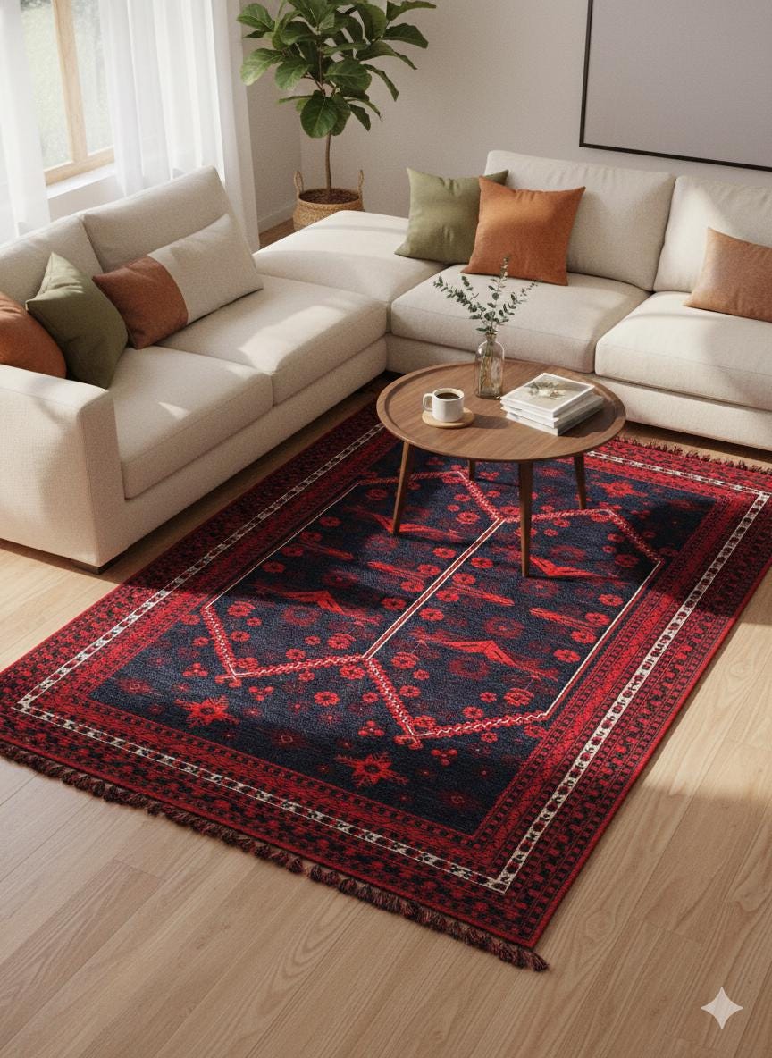 Red & Blue Afghan Rug: Washable Farmhouse Bohemian Decor (3.9 x 5.9 FT)