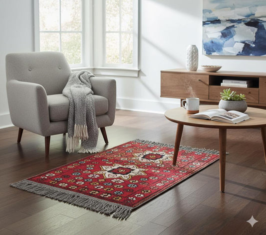 Small Afghan Rug: Handmade Tribal Red Wool Carpet, Boho Decor (42x61 cm)