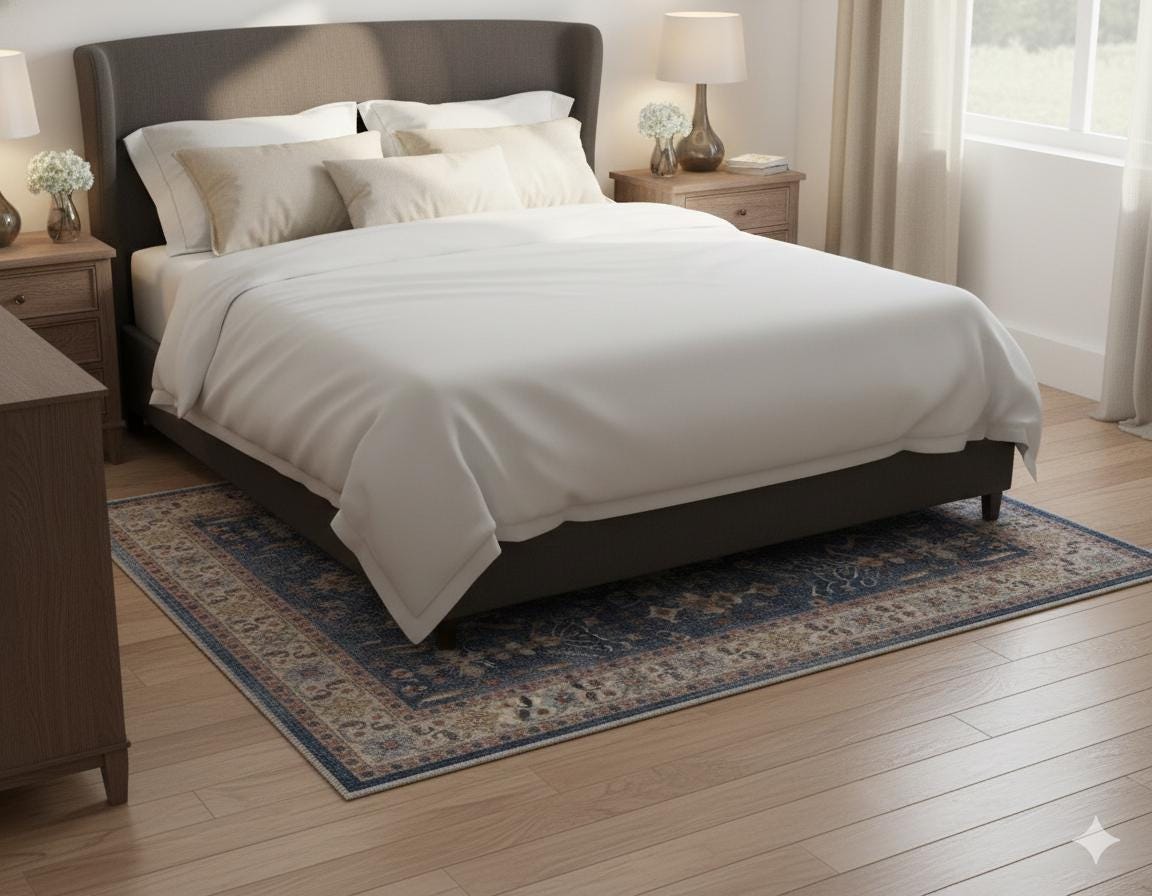 Blue Turkish Style Rug: Oriental Area Carpet with Ivory Border