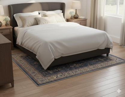 Blue Turkish Style Rug: Oriental Area Carpet with Ivory Border