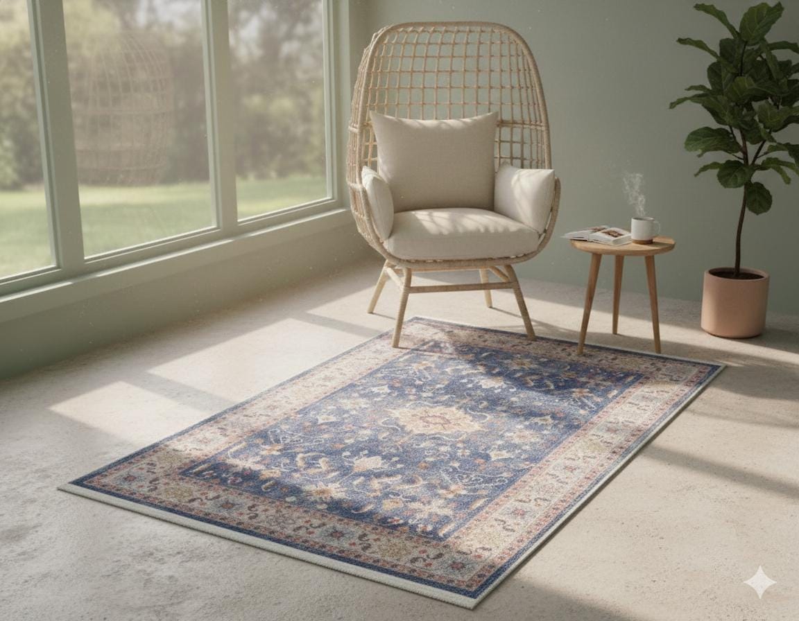 Blue Turkish Style Rug: Oriental Area Carpet with Ivory Border