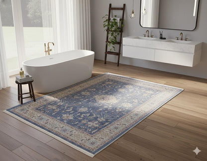 Blue Turkish Style Rug: Oriental Area Carpet with Ivory Border