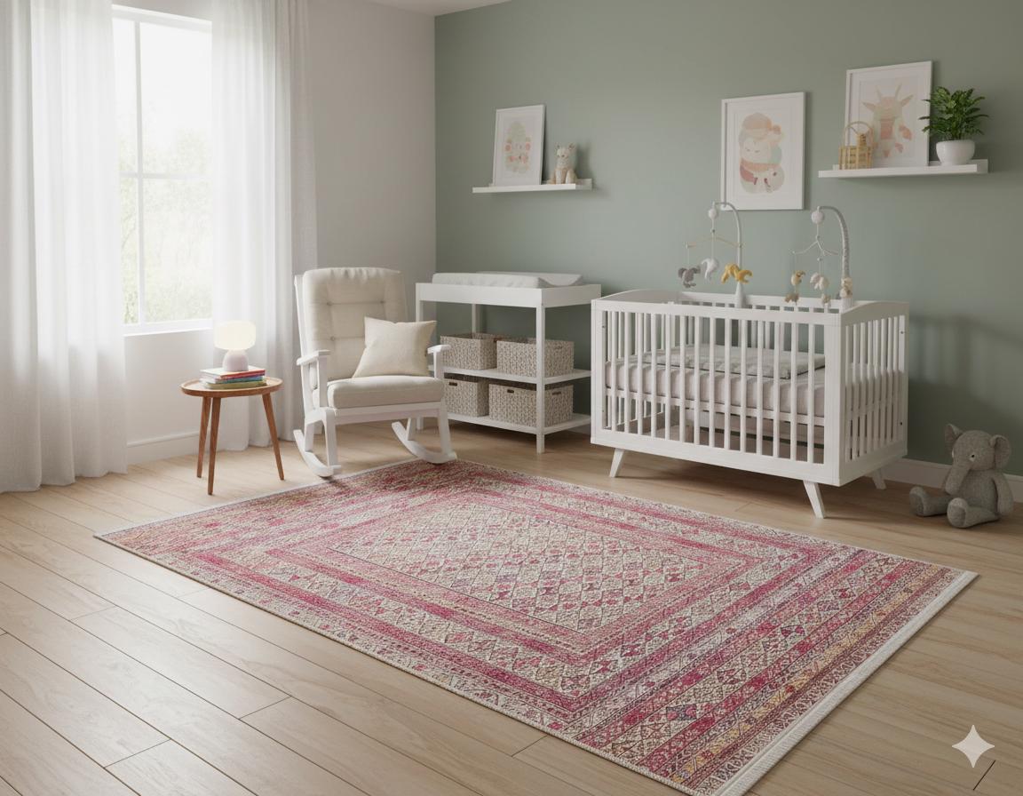 Vintage Afghan Rug: Washable Beige Living Room Carpet